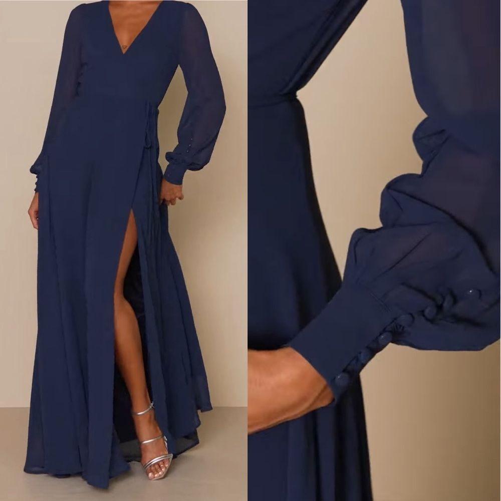 Lulus My Whole Heart navy blue semi sheer Long Sleeve Wrap maxi Dress M - NWT